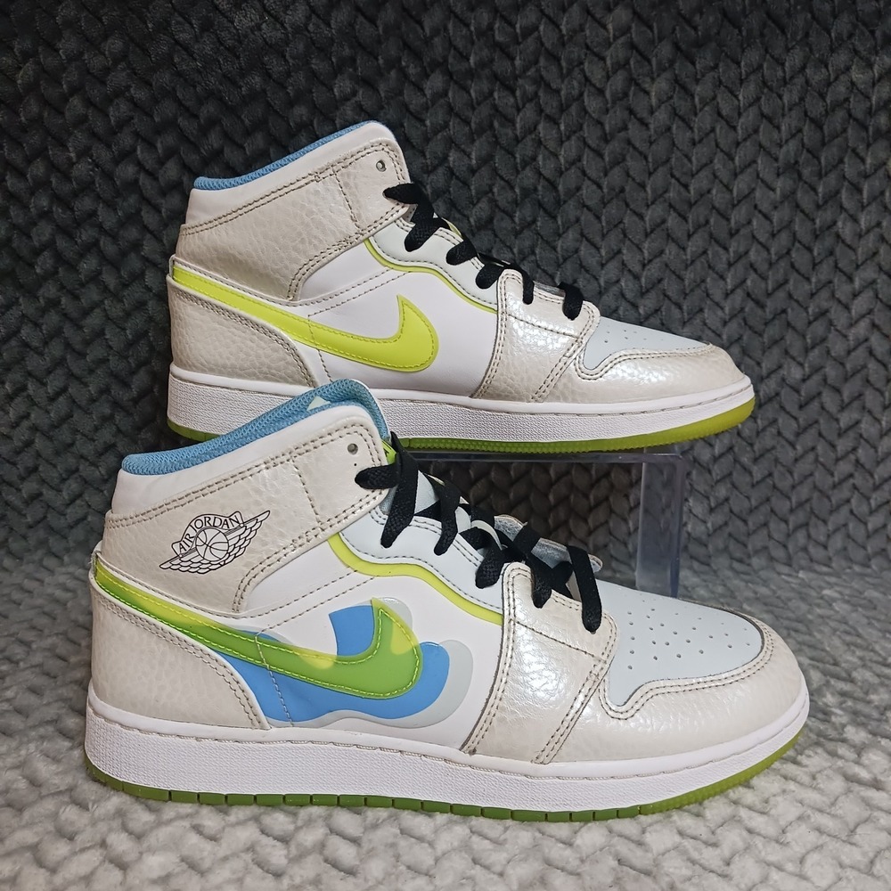 Air Jordan 1 Mid SE GS Platinum Tint Volt Blue Tint Sneakers Shoes Size 7Y